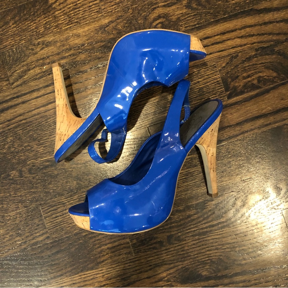 Blue and cork platform heels